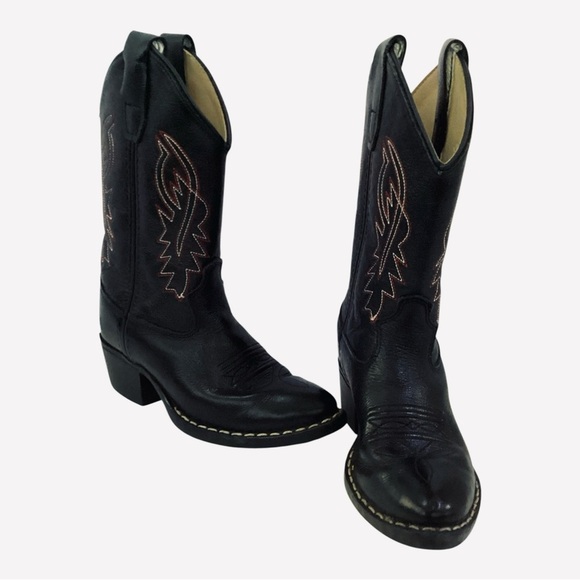 Old West Cowboy Boots Black Leather Western Pull On B8110 Child Boys Size 10.5D - Picture 2 of 11